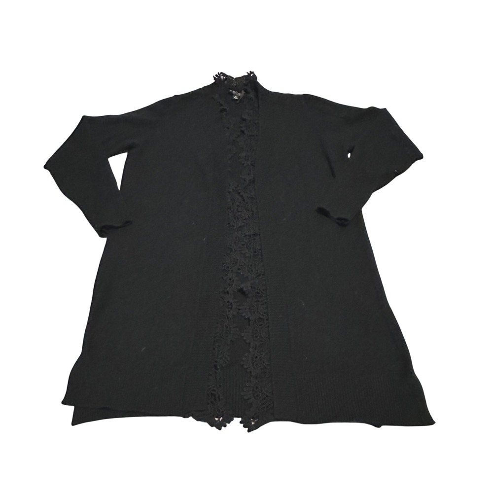 Laundy Black Lace Trim Open Front Long Sleeve Cardigan Sweater XL READ‎
